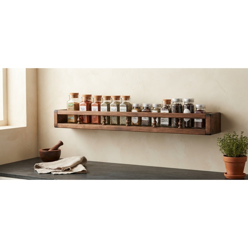 Vintage Dark Wood Spice Rack Wall Mount Gallery Rail Display Shelf 24 Inch